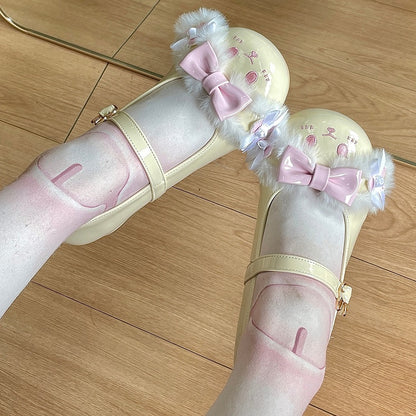 Yellow&Pink Bowknot Details Plush Bunny Ear Sweet Lolita Round Toe Shoes With Bunny Buckle Strap