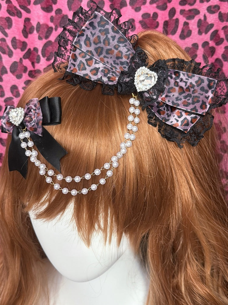 Two Black&Dark/Light Pink Rhinestone Heart Decorated Bead Chain Bowknot Hairclips