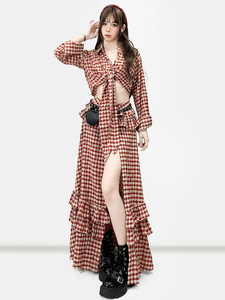 Red Plaid Pattern Floral Print Twist Details Shirt + Thigh-high Slit High-low Skirt