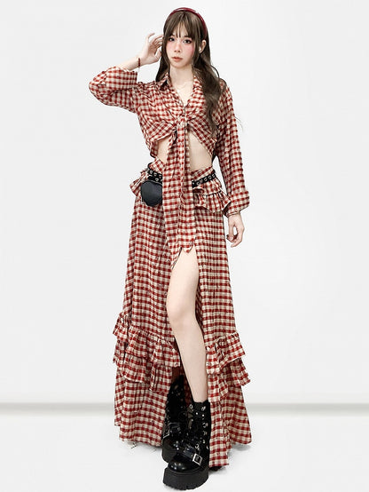 Red Plaid Pattern Floral Print Twist Details Shirt + Thigh-high Slit High-low Skirt