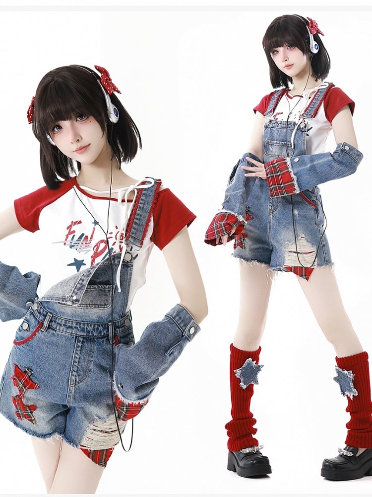 Red & White Colorblock Asymmetrical Neckline Graphic T-Shirt