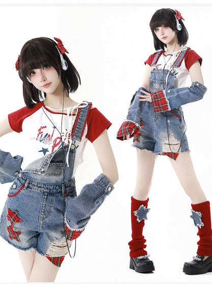 Red & White Colorblock Asymmetrical Neckline Graphic T-Shirt