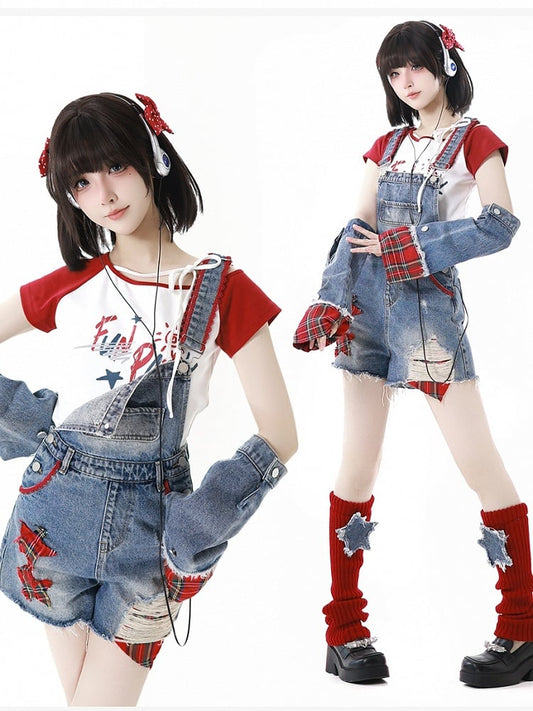 Red & White Colorblock Asymmetrical Neckline Graphic T-Shirt