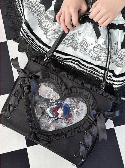 Black Stain Lace-up Design Ruffles Trim Heart Tota Ita Bag