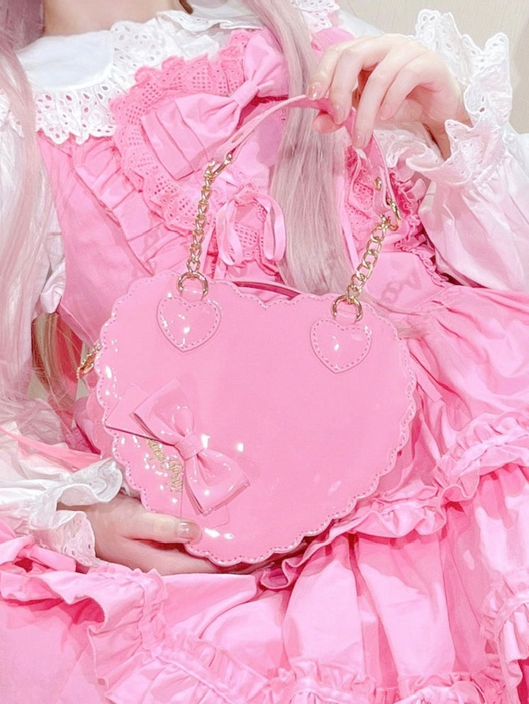 Barbie Pink Sweet Lolita 2-Way Bag in PU Leather - Heart-shaped Design, Bow Accents & Zip Closure