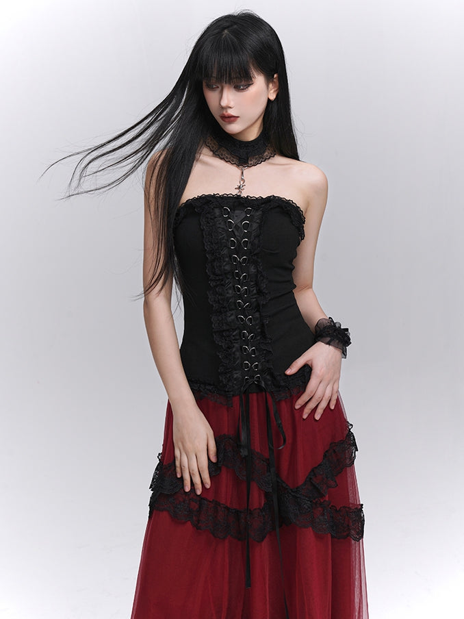 Black Lace-up Front Ruffled Lace Trim Halter Neck Glamorous Strapless Top