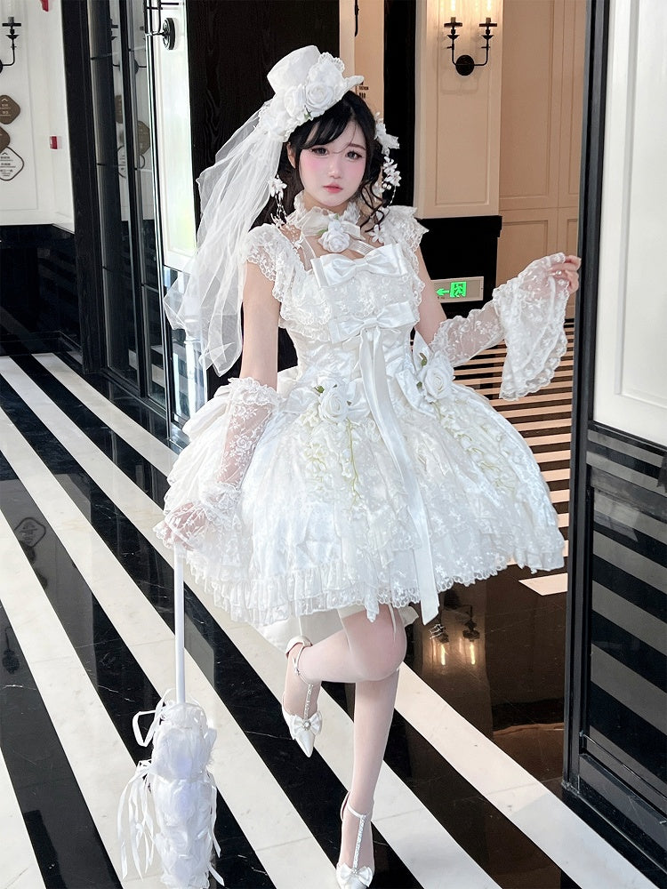 White Tiered Lace Square Neckline Shiro Dress with Bow Accents