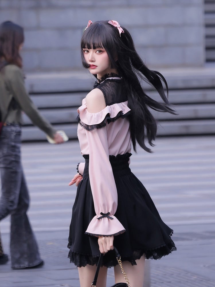 Jirai Kei High Waist Black Skirt Shirring Back Lace-up Front