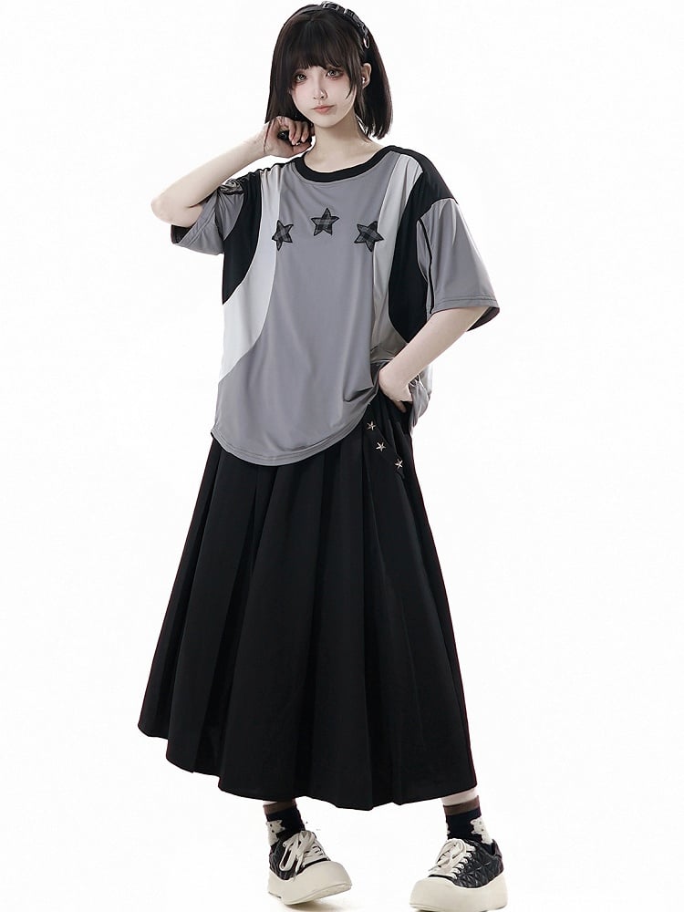 Black/Gray Colorblock Design Plaid Star Appliques Round Neck Sports T-shirt