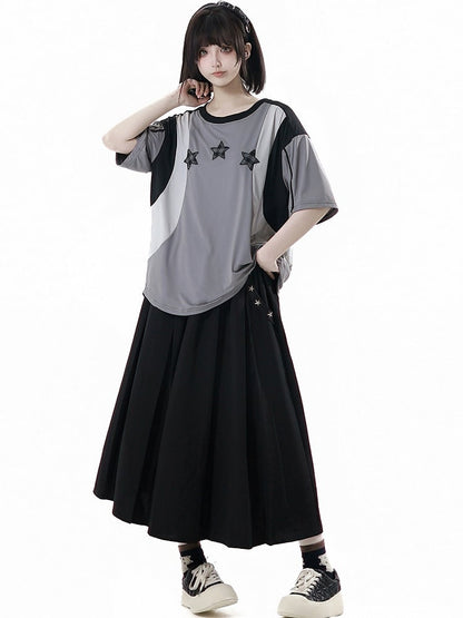 Black/Gray Colorblock Design Plaid Star Appliques Round Neck Sports T-shirt