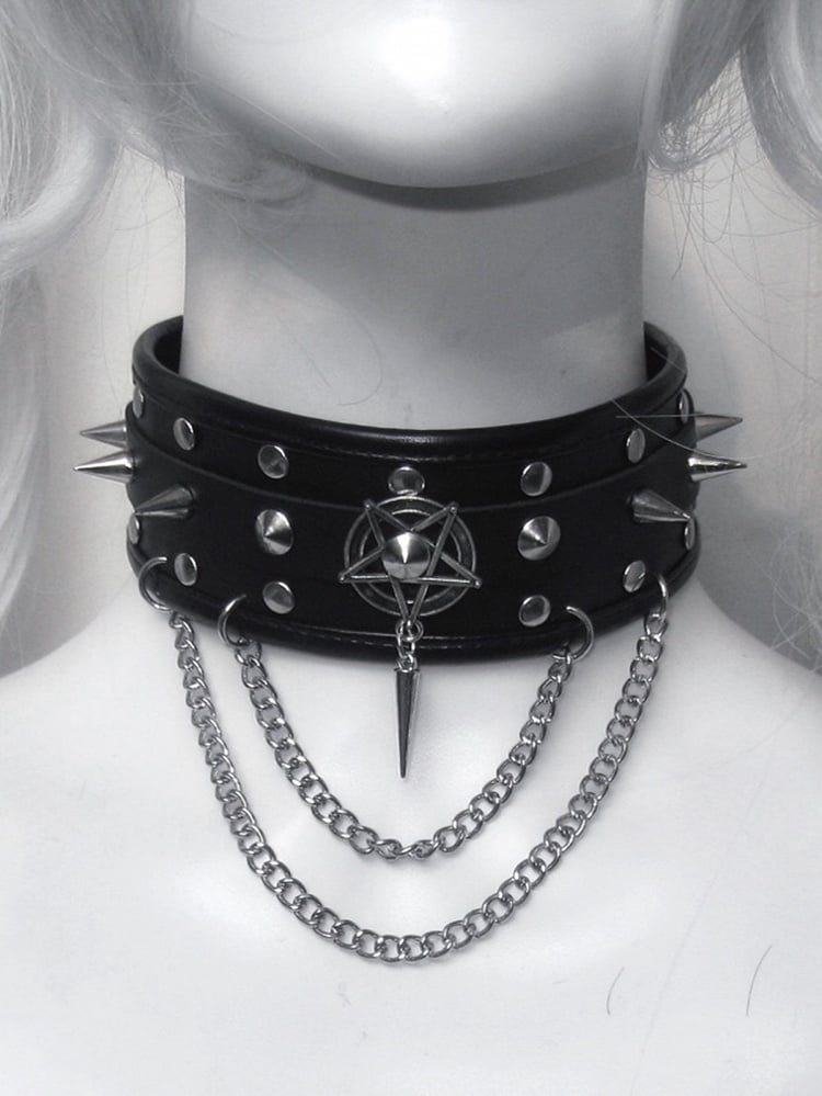 Black Stud Detail Punk PU Choker with Chain