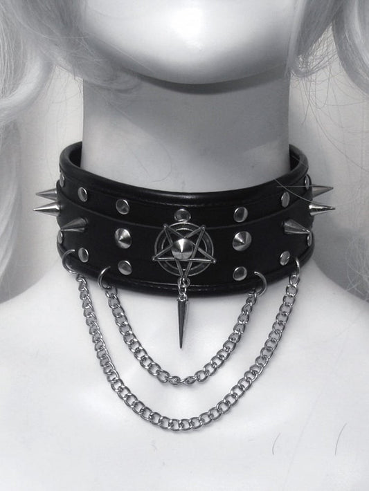 Black Stud Detail Punk PU Choker with Chain