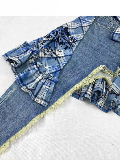 Blue Bittersweet Glamorous Set- Asymmetrical Hem Shorts + Plaid Pattern Star Print Skirt + Cross Applique Leg Warmers