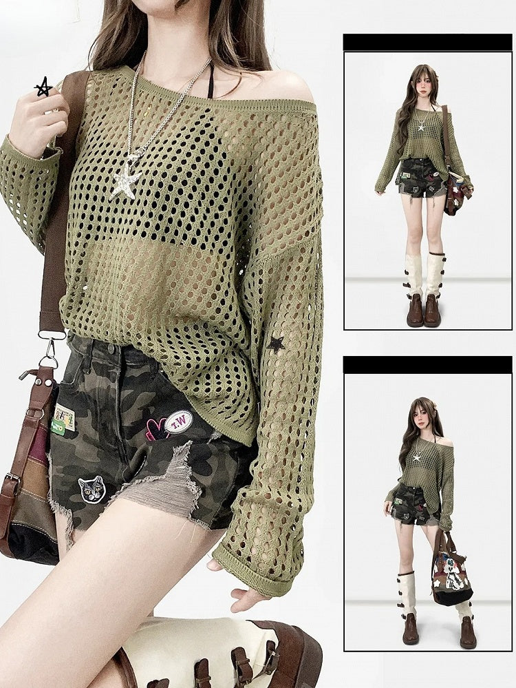 Army Green Hollow-out Design Semi-sheer Long Sleeves Top