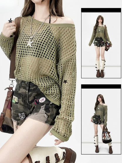 Army Green Hollow-out Design Semi-sheer Long Sleeves Top