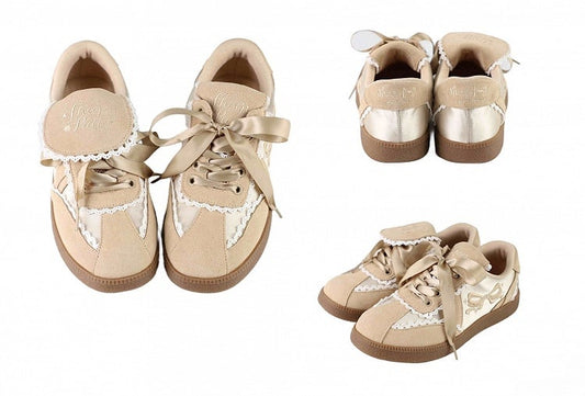Khaki Fold-over Design Lace Trim Sneakers