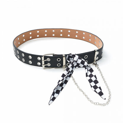 Black Buckle Belt with Checkered Silk Scarf and Chain