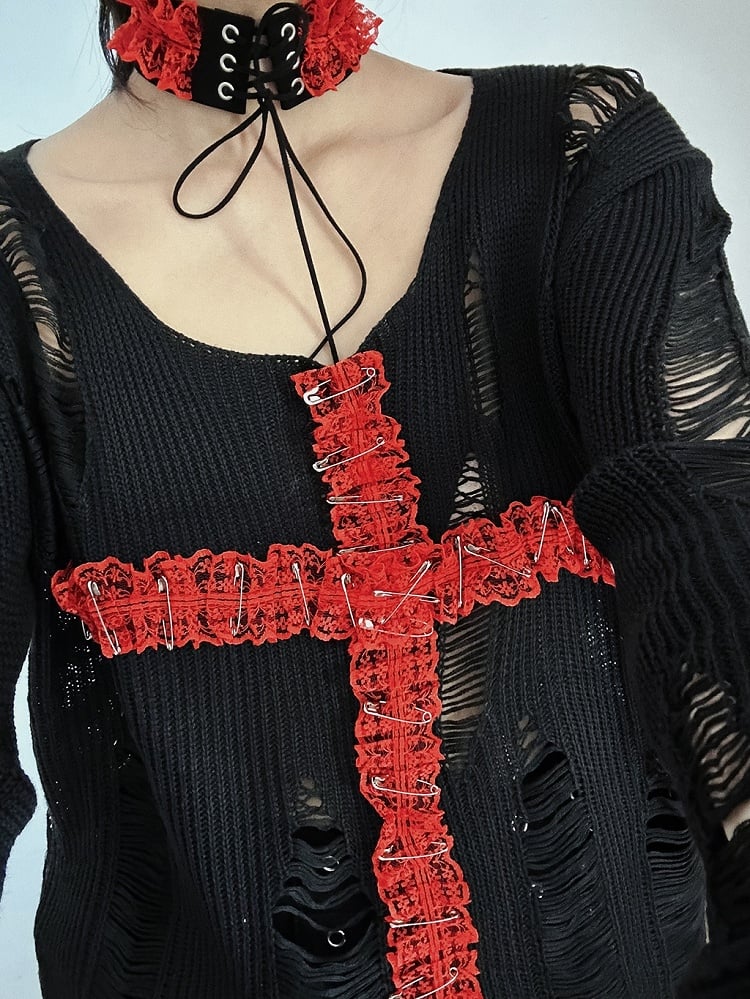 Black/Black & Red Lace Cross Hollowed-out Design Gothic Sweater