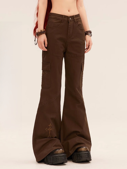 Brown Low Waist Cross Rhinestones Vintage Flared Pants