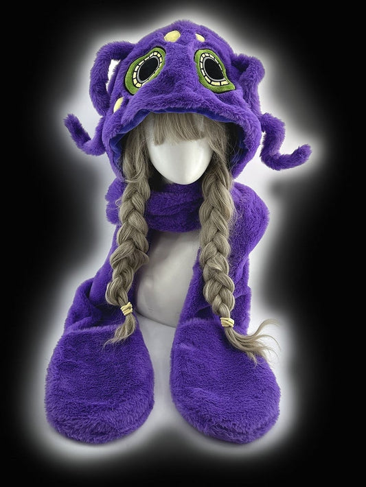 Purple Octopus Gothic Winter Plush Hat with Scarf Gloves