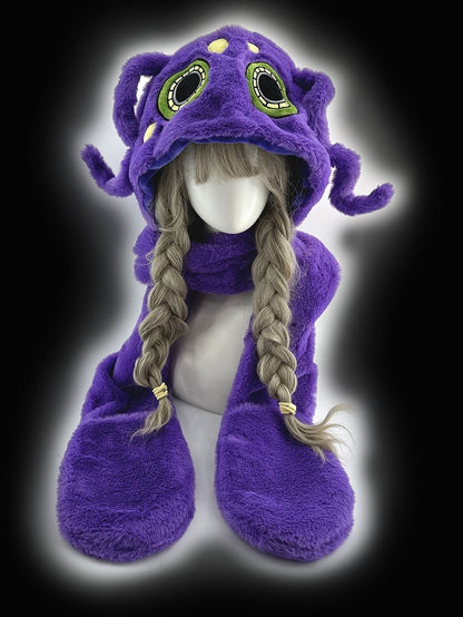 Purple Octopus Gothic Winter Plush Hat with Scarf Gloves