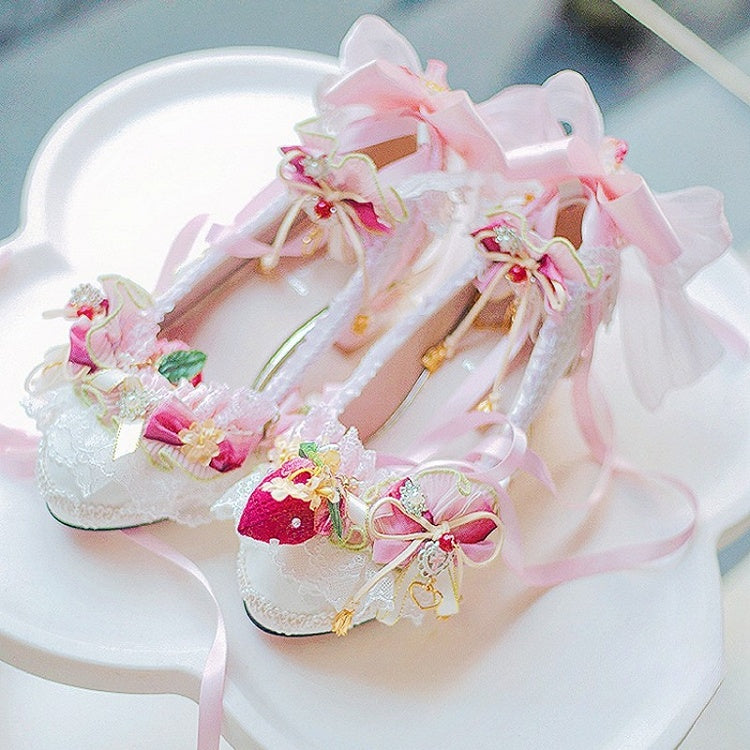 White&Pink Sweet Lolita Beaded And Strawberry Decorated Lace Trim 5CM/8.5CM Block Heels Shoes