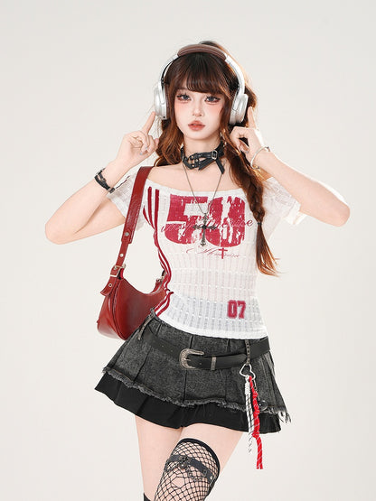 Red/Black Number Print Off-the-shoulder Neckline Slim-fitting T-shirt