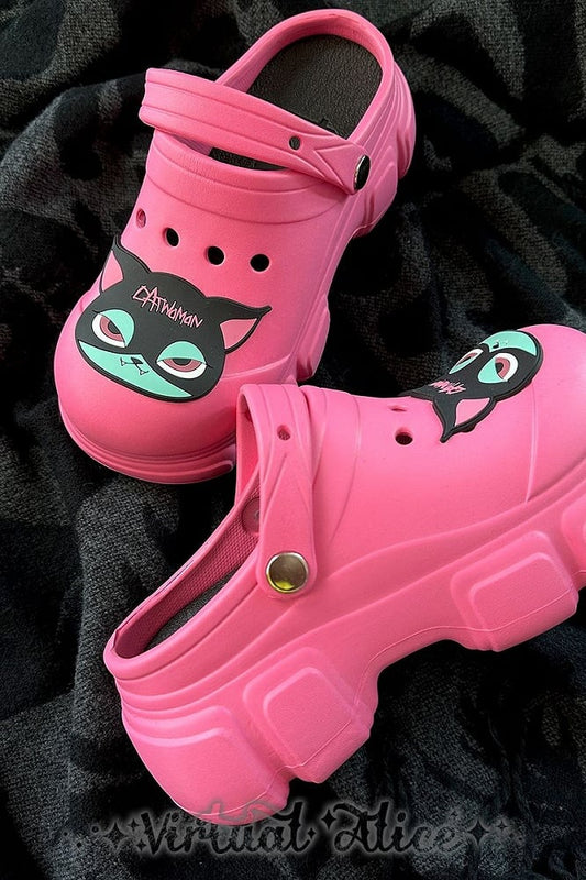 Black Cat Rose Pink Gothic Crocs Hollow Out Vented Clogs