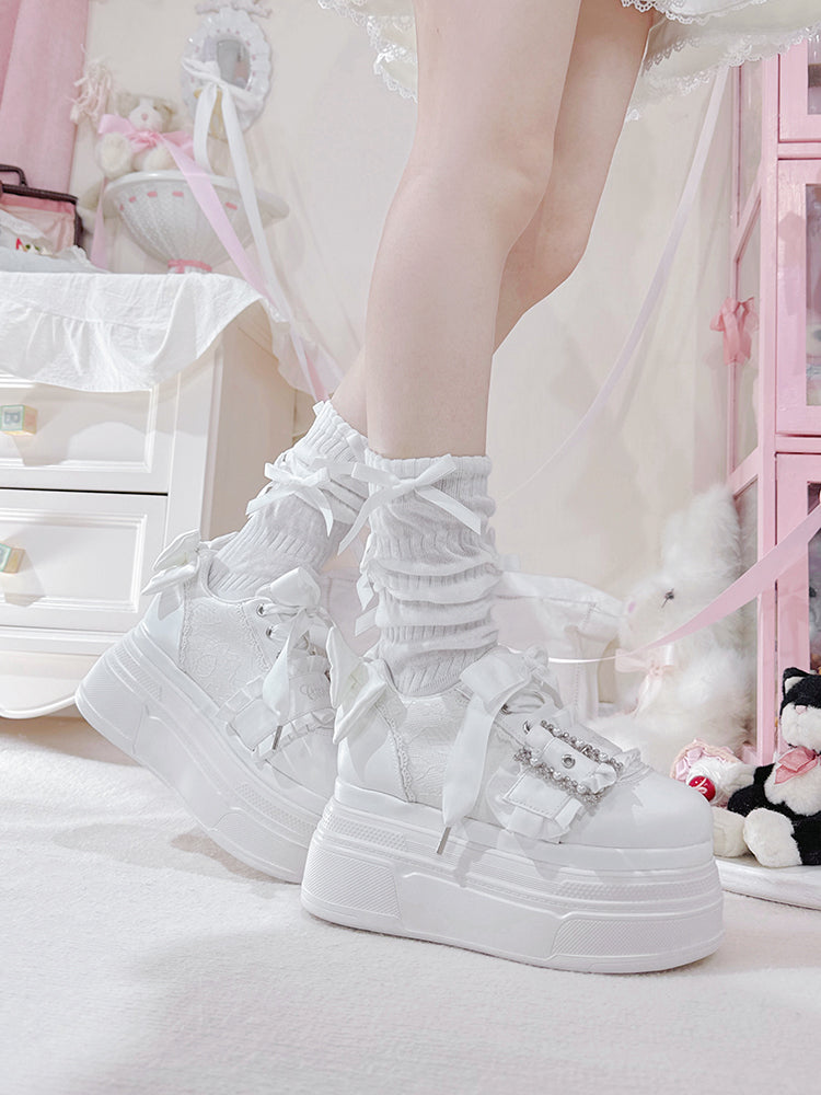 White Bow Accents Beaded Buckle Design Jirai Kei Platforms Shoes
