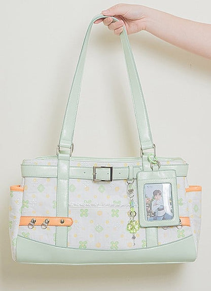 Green & White Clover-Themed Large Capacity Tote Ita Bag with Strap Accents And Detachable Ita Card Holder