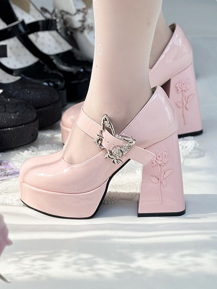 Polished Pink Butterfly Buckle 11cm Floral High Block Heel Platform Mary Janes