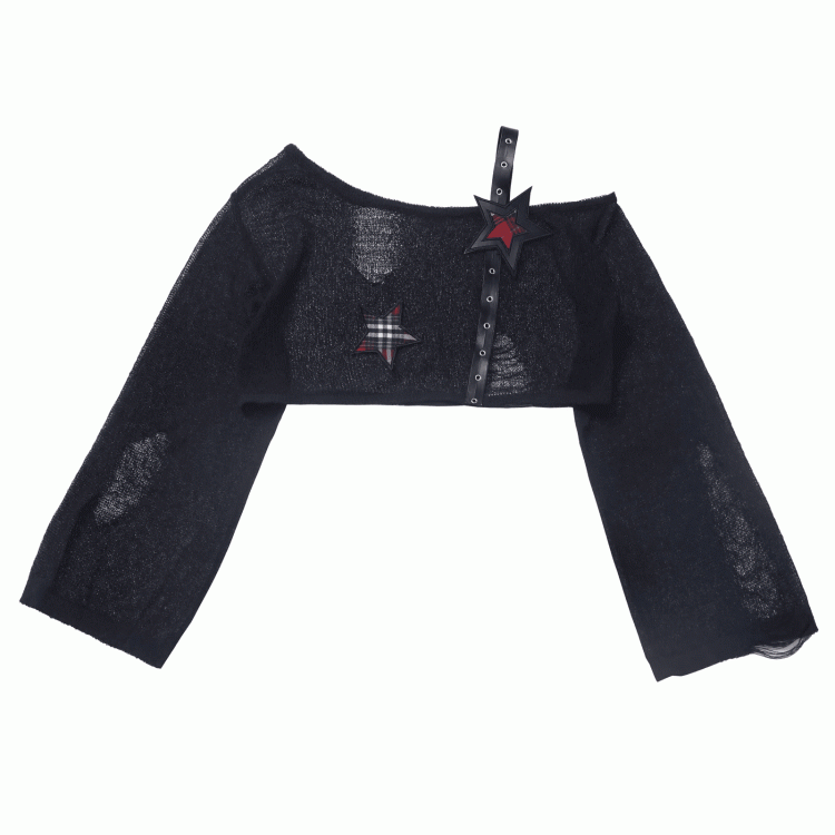 Black/Gray Star Strap Distressed Holes Punk Rock Hollow-Out Cropped Coverup