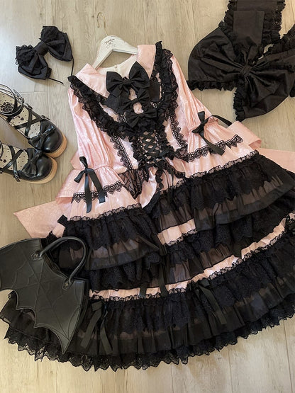 Black and Pink Tiered Ruffle Skirt Bows Decorated Long Bell Sleeves Lolita Dress