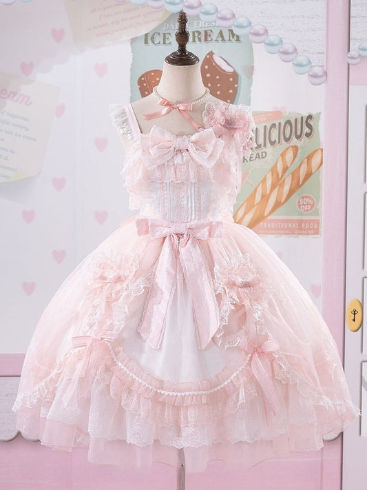 Pink Scalloped Edge Trim Overlay Skirt Princess Lolita Jumper Skirt