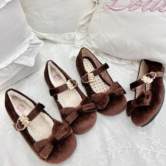 Brown Sweet Lolita Plush Shoes in Regular/Thicken Version - Delicate Bow Accents with Hugging Bear Heart Fasteners