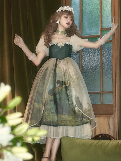 Dark Green & Apricot Basque Waist Forest Print Elegant Classic Lolita Dress with Overlay