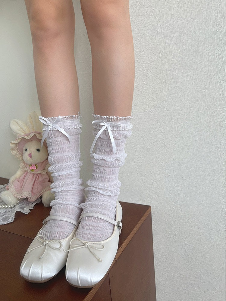 White/Black Bowknot Details Lace Ruffled Tulle Socks