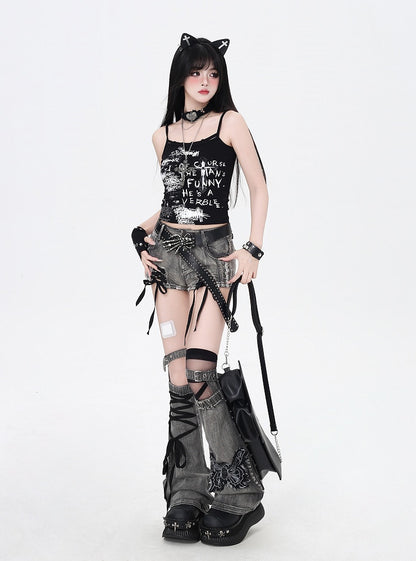 Dusty Gray Lace-up Details Hem Denim Shorts with Butterfly Applique Leg Warmers