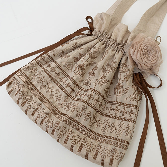 Brown / Blue Vintage Embroidery Handbag with Floral Brooch