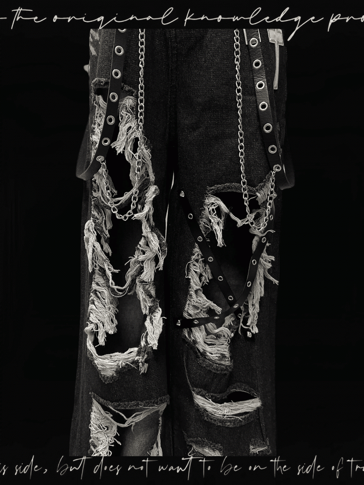 Y2K Black Cross Appliques Criss-cross Straps Distressed Holes Glamorous Jeans