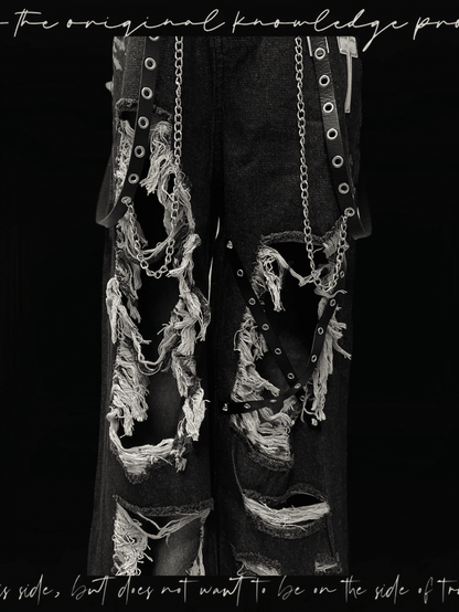 Y2K Black Cross Appliques Criss-cross Straps Distressed Holes Glamorous Jeans