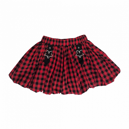 Y2K Star Buckles Black & Red / Black & Gray Plaid Bubble Skirt