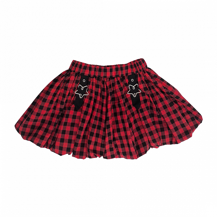 Y2K Star Buckles Black & Red / Black & Gray Plaid Bubble Skirt