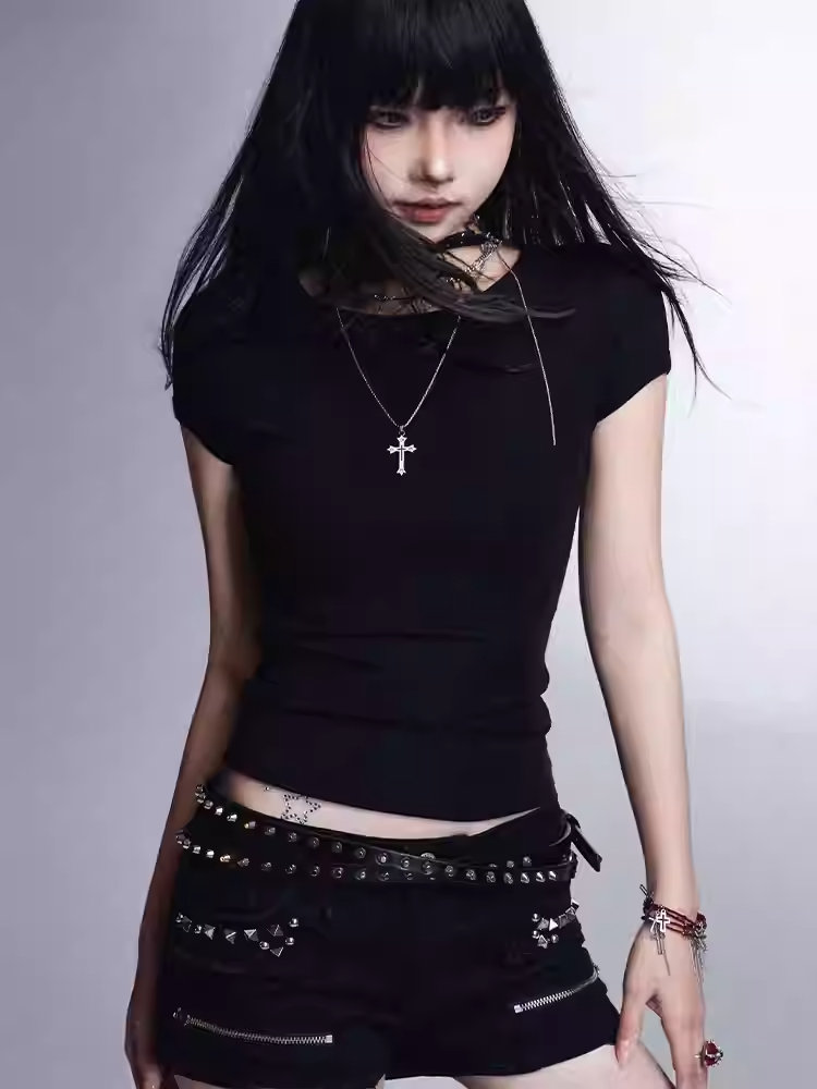 Black Low Waist Studded Glamorous Shorts with Zippers Detail