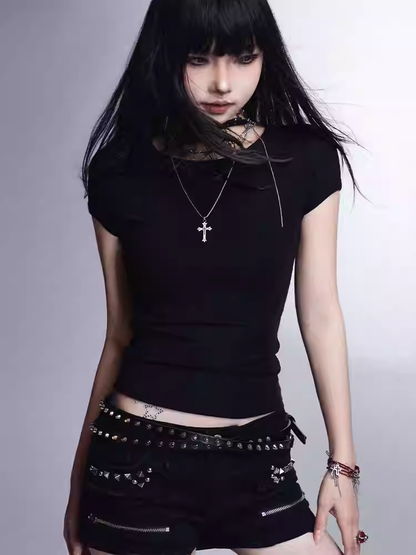 Black Low Waist Studded Glamorous Shorts with Zippers Detail