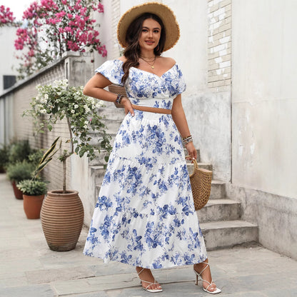 Plus size Printed V-neck top + skirt Two piece set