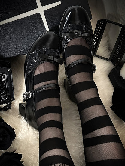 Black Gothic Bow at Top Spiderweb Design Mary Janes