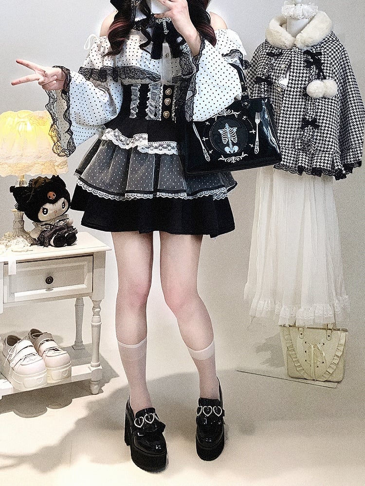 Jirai Kei White / Pink Polka-dot Blouse | Bell Sleeves, Cut-Out Shoulder with Drawstring & Heart Buttons