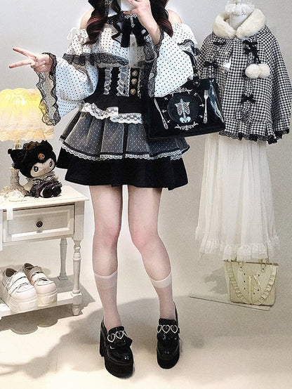 Jirai Kei White / Pink Polka-dot Blouse | Bell Sleeves, Cut-Out Shoulder with Drawstring & Heart Buttons