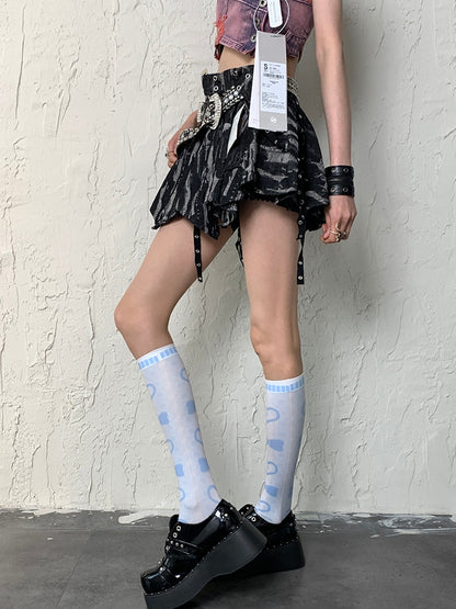 Blue Y2K Heart And Bowknot Print Underknee Stockings